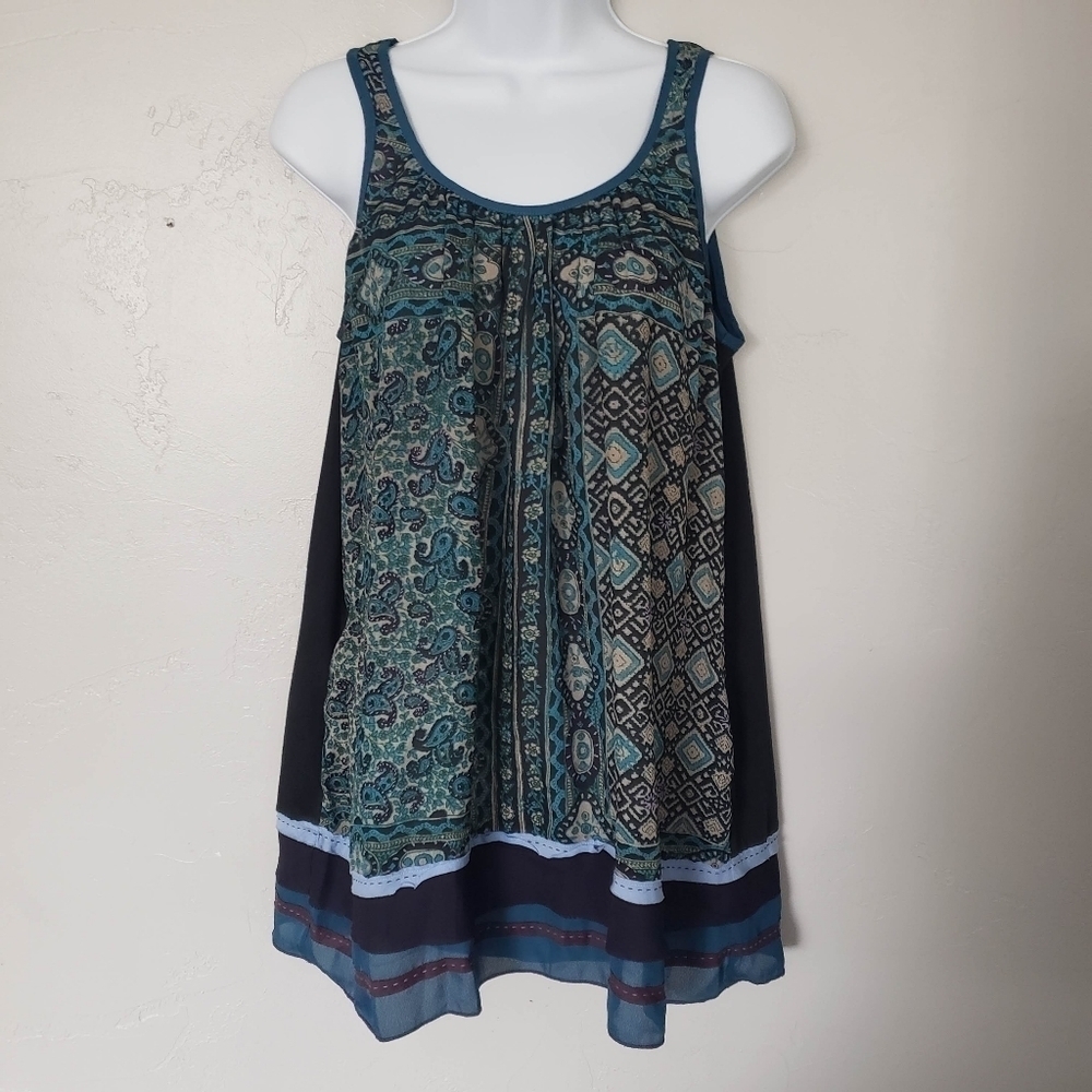 One September Anthropologie XS Caldera Sleeveless Blouse Blue Beige Boho Top